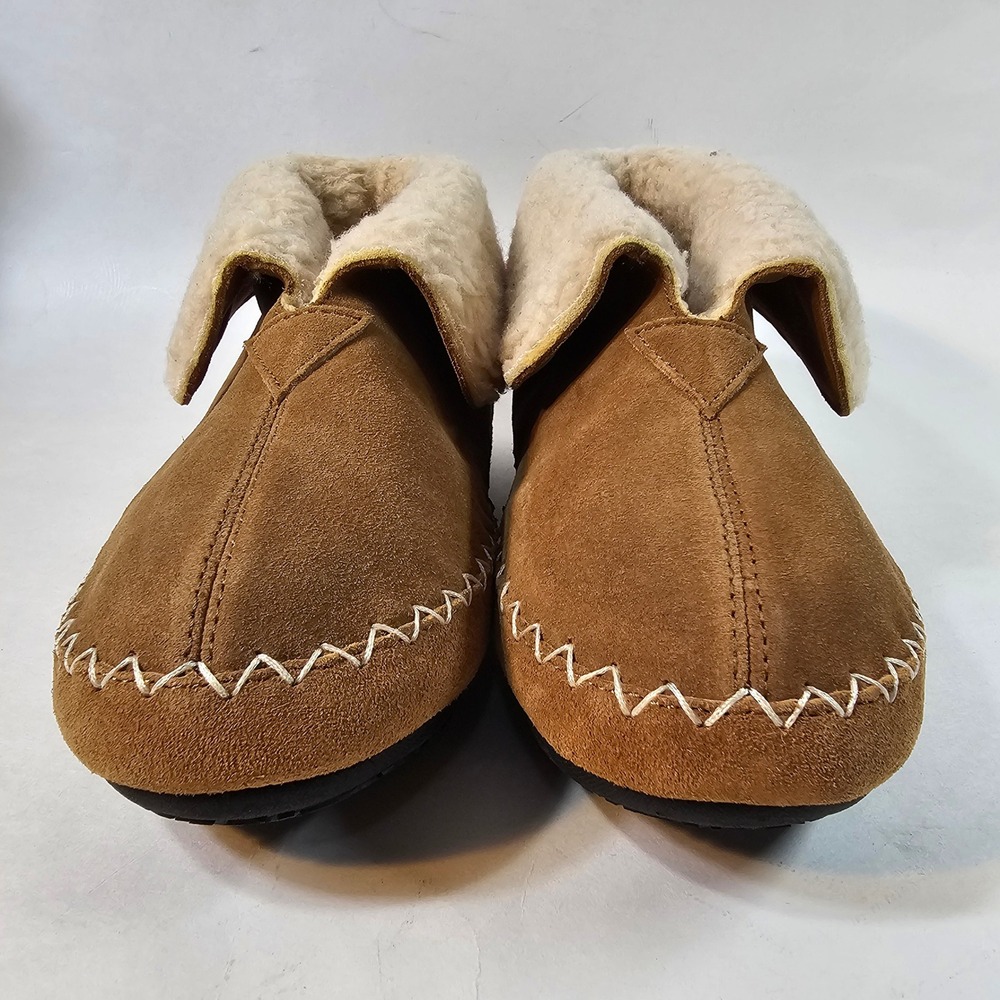 Isotoner Womens Tan Suede Moccasin Boot Slippers Fleece Lined Fold Cuff - Picture 3 of 9